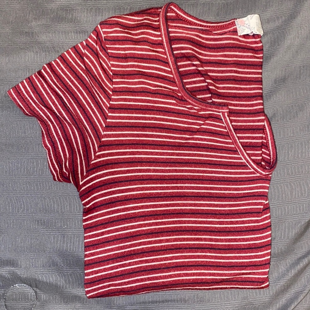 Juniors V-Next Pink Rose Top. Maroon with navy blue and white stripes.